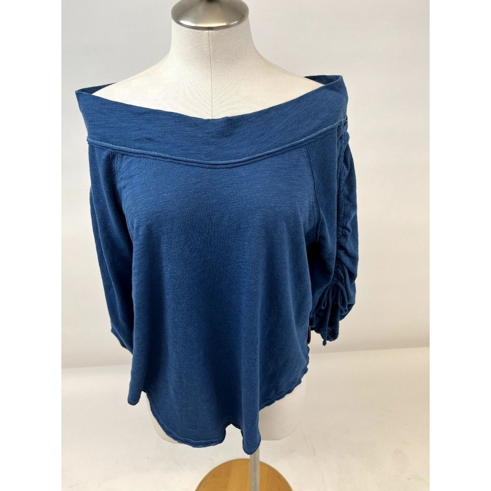 We The Free Bohema Blue Ruched Sleeves off the shoulder top